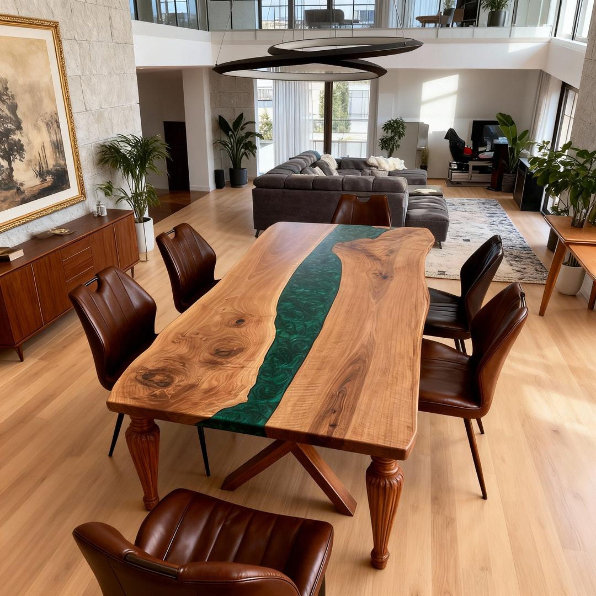 Custom Black Walnut Epoxy Resin River Table Deep Emerald NQJ-742