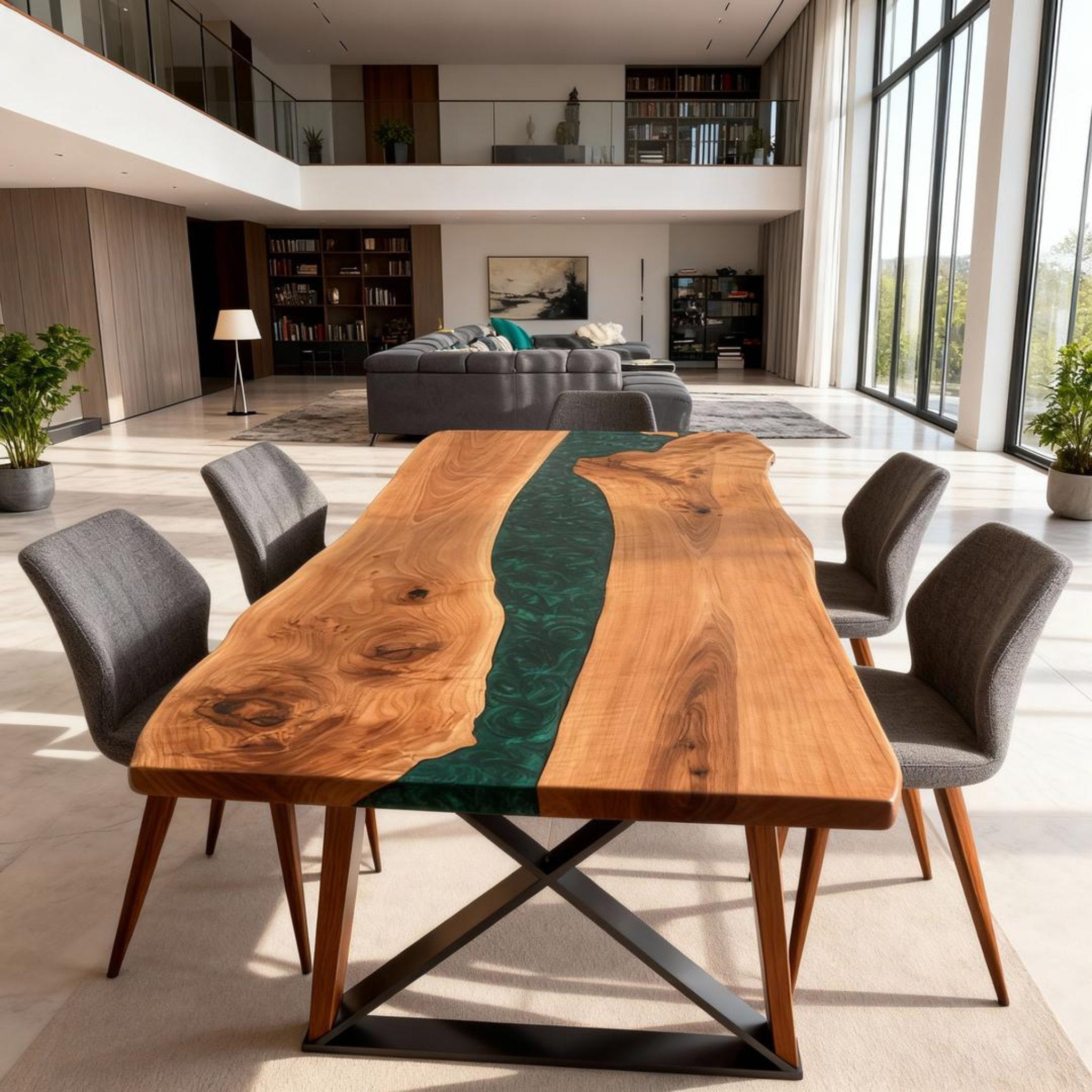 Custom Black Walnut Epoxy Resin River Table Deep Emerald NQJ-742