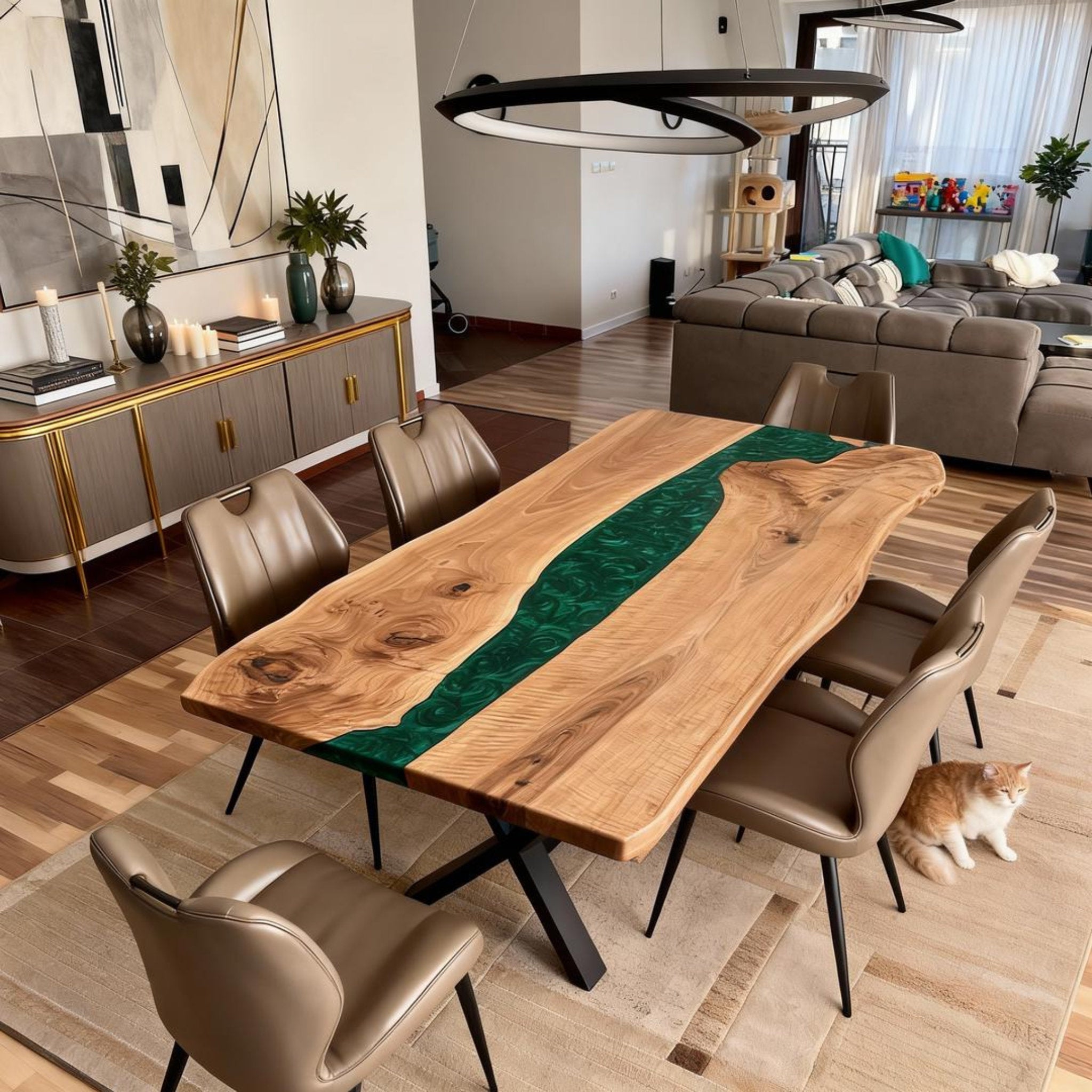 Custom Black Walnut Epoxy Resin River Table Deep Emerald NQJ-742