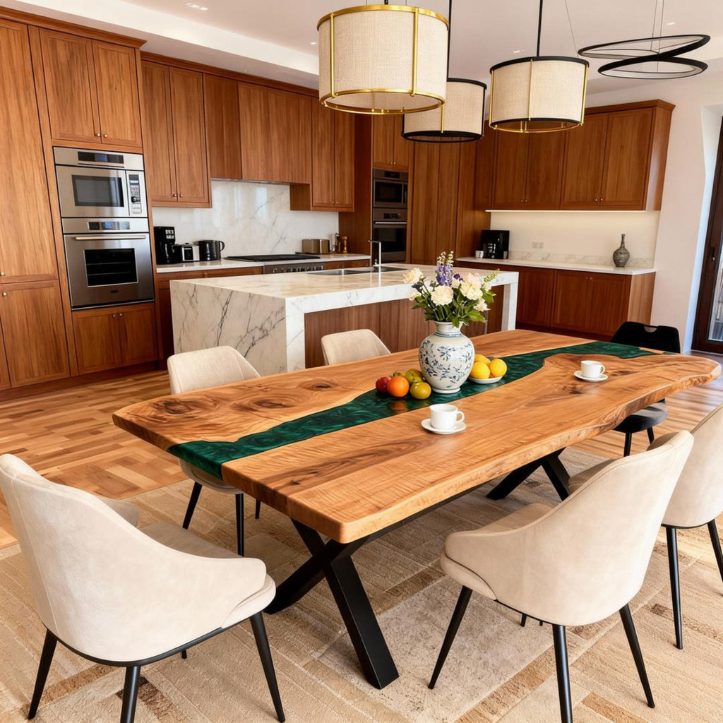 Custom Black Walnut Epoxy Resin River Table Deep Emerald NQJ-742