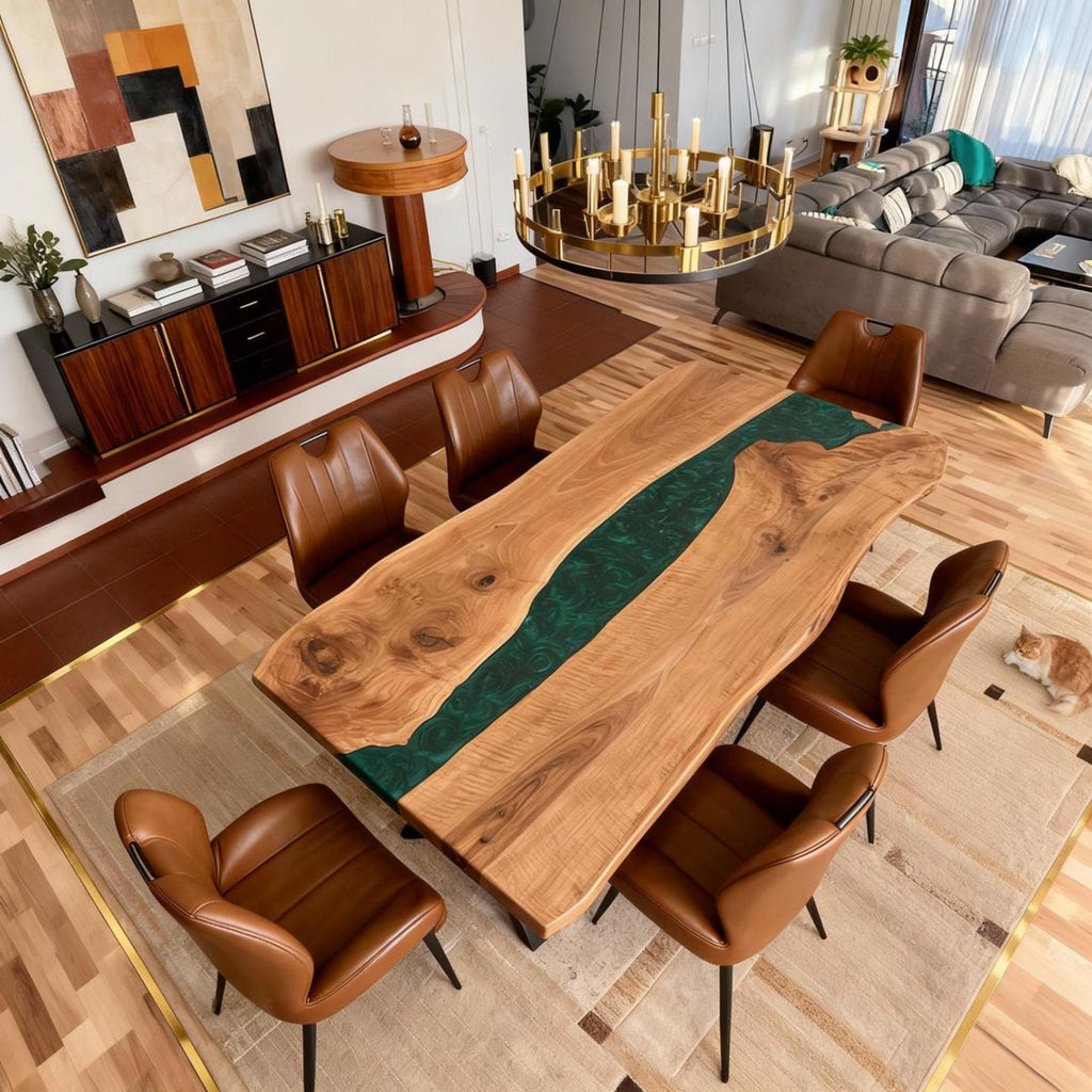 Custom Black Walnut Epoxy Resin River Table Deep Emerald NQJ-742