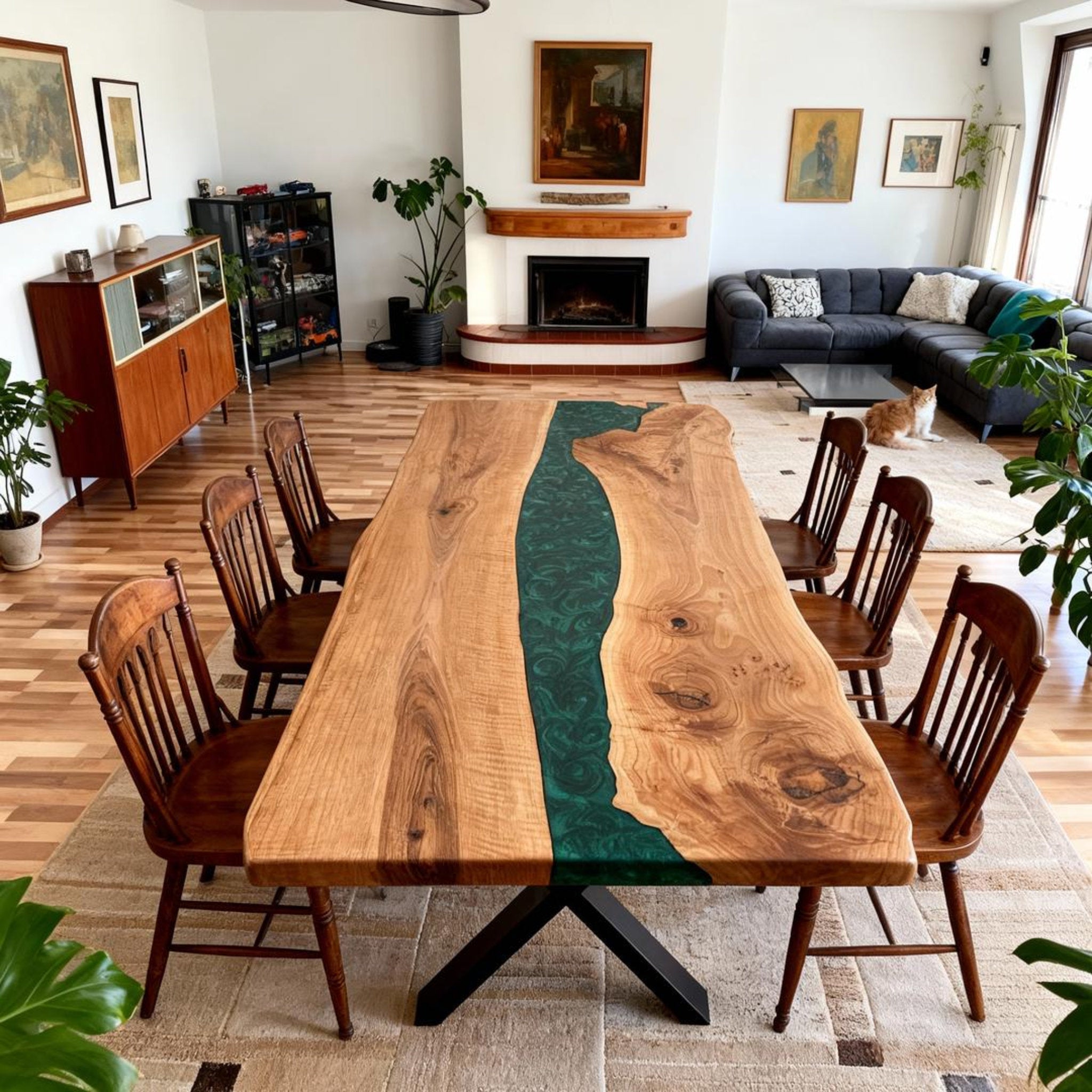 Custom Black Walnut Epoxy Resin River Table Deep Emerald NQJ-742