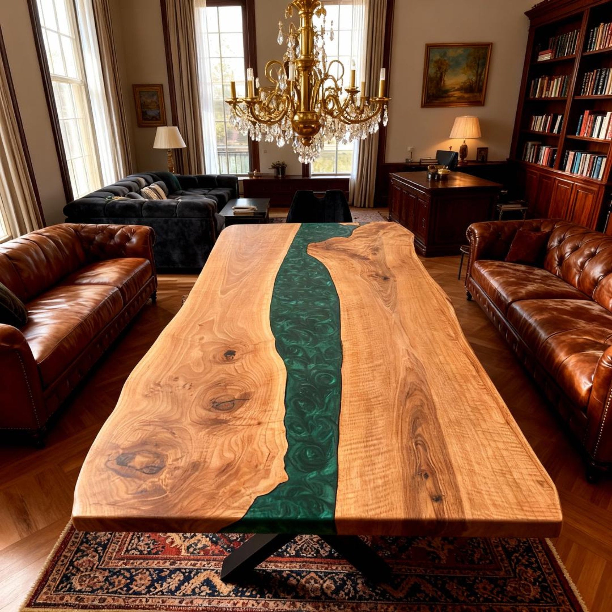 Custom Black Walnut Epoxy Resin River Table Deep Emerald NQJ-742