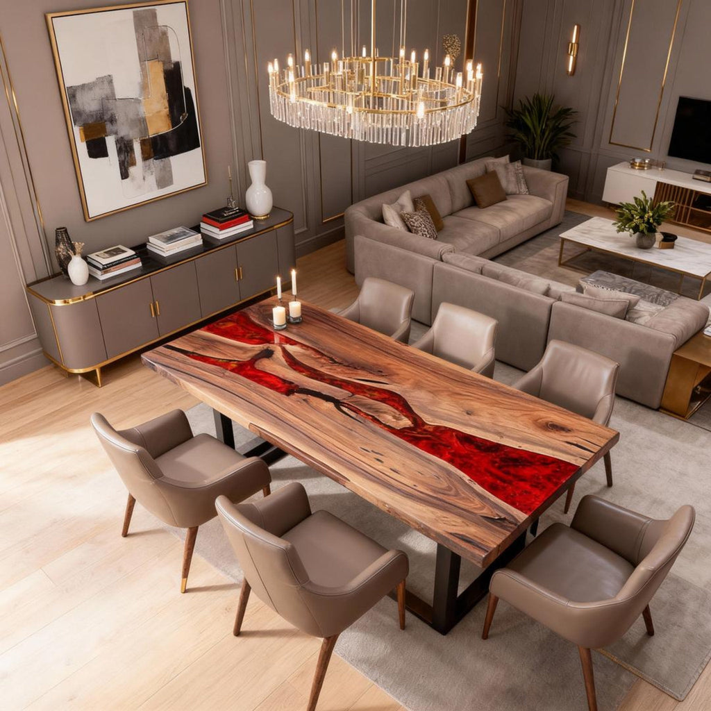 Table rivière personnalisée en résine époxy et noyer noir, rouge braise ZQF-582