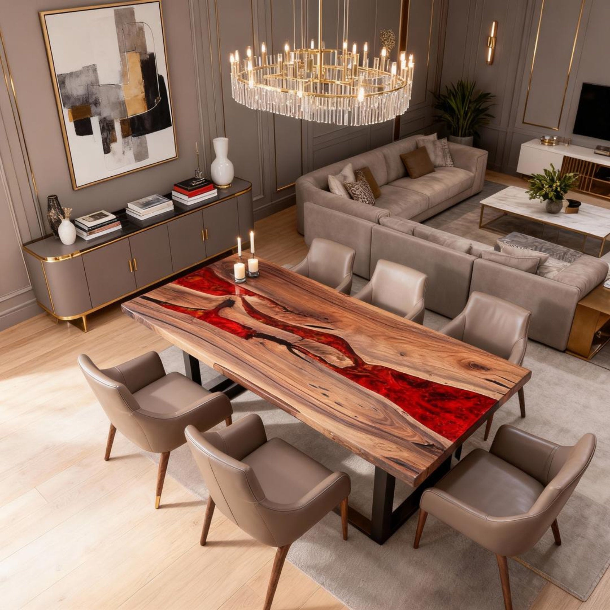 Table rivière personnalisée en résine époxy et noyer noir, rouge braise ZQF-582