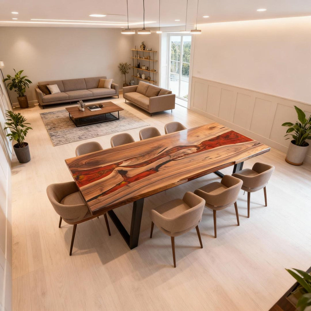 Table rivière personnalisée en résine époxy et noyer noir, rouge braise ZQF-582