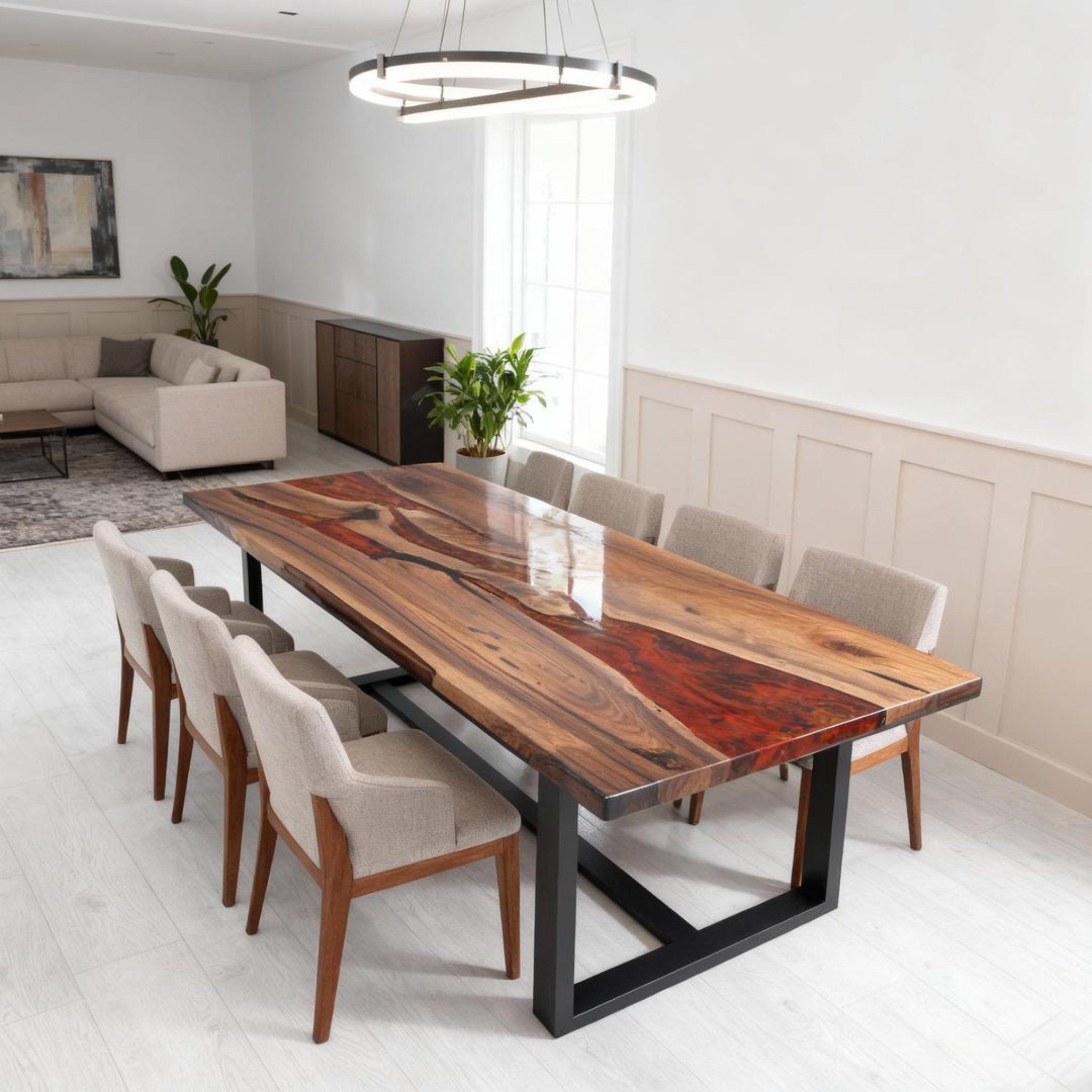 Table rivière personnalisée en résine époxy et noyer noir, rouge braise ZQF-582