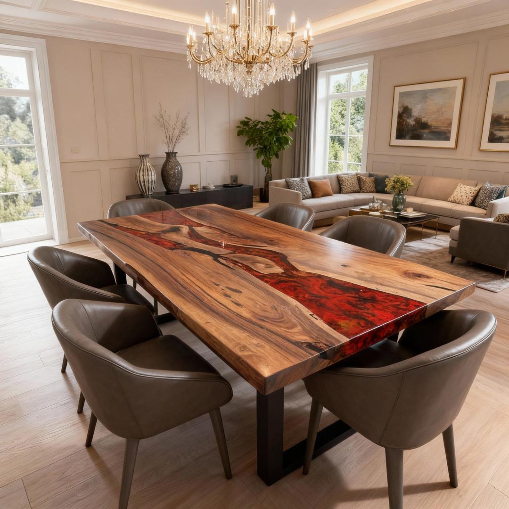 Table rivière personnalisée en résine époxy et noyer noir, rouge braise ZQF-582