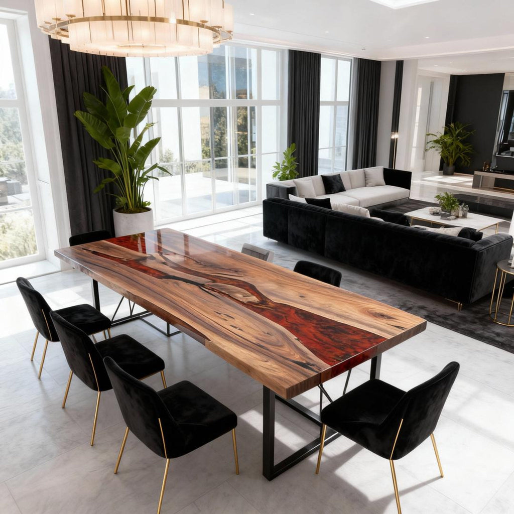 Table rivière personnalisée en résine époxy et noyer noir, rouge braise ZQF-582