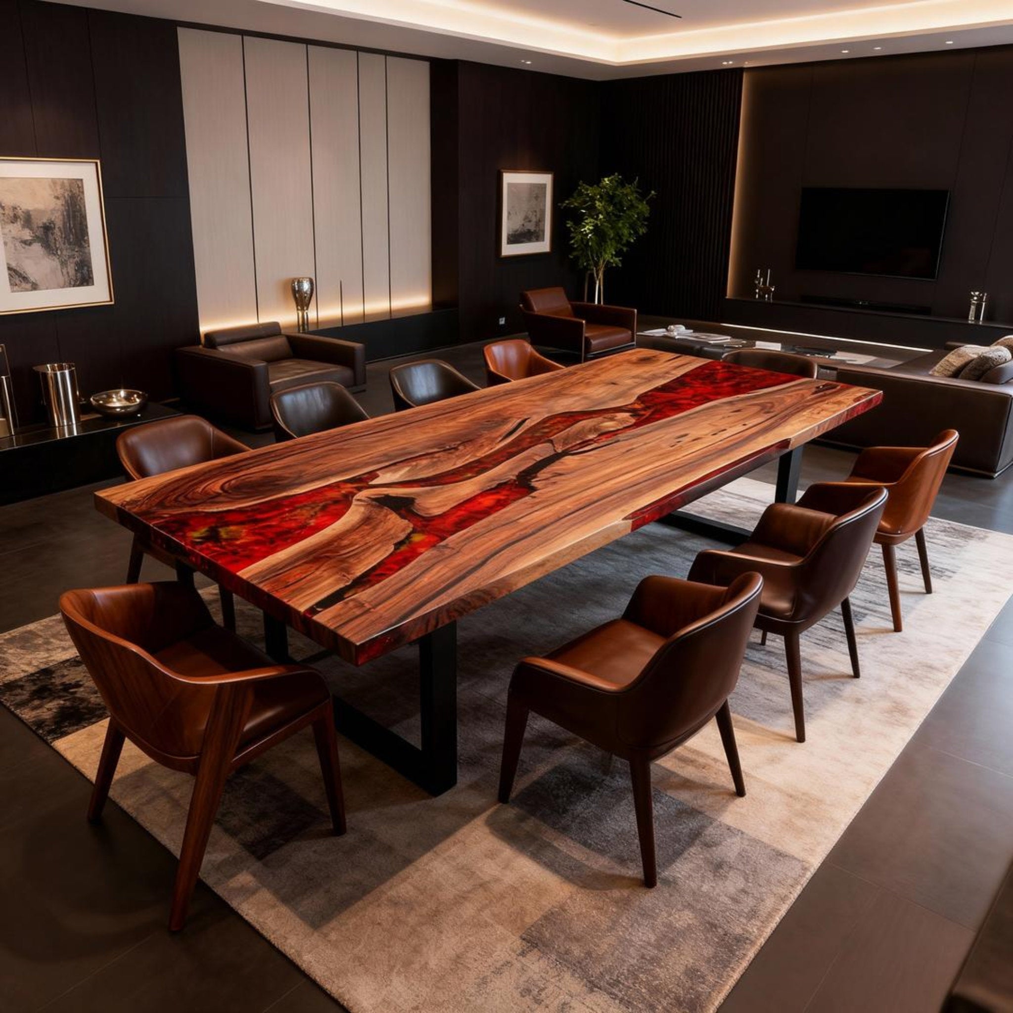 Table rivière personnalisée en résine époxy et noyer noir, rouge braise ZQF-582