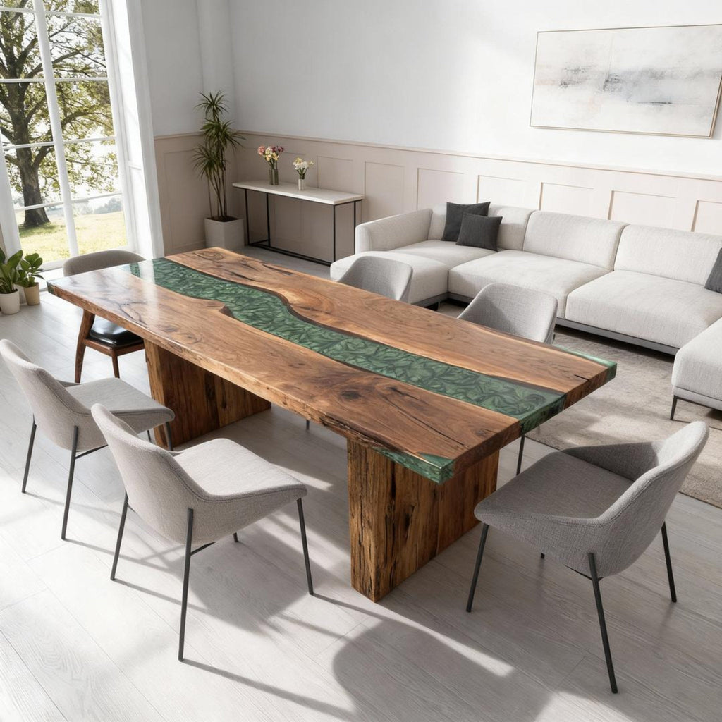 Table rivière personnalisée en résine époxy et noyer noir, vert émeraude VQJ-637