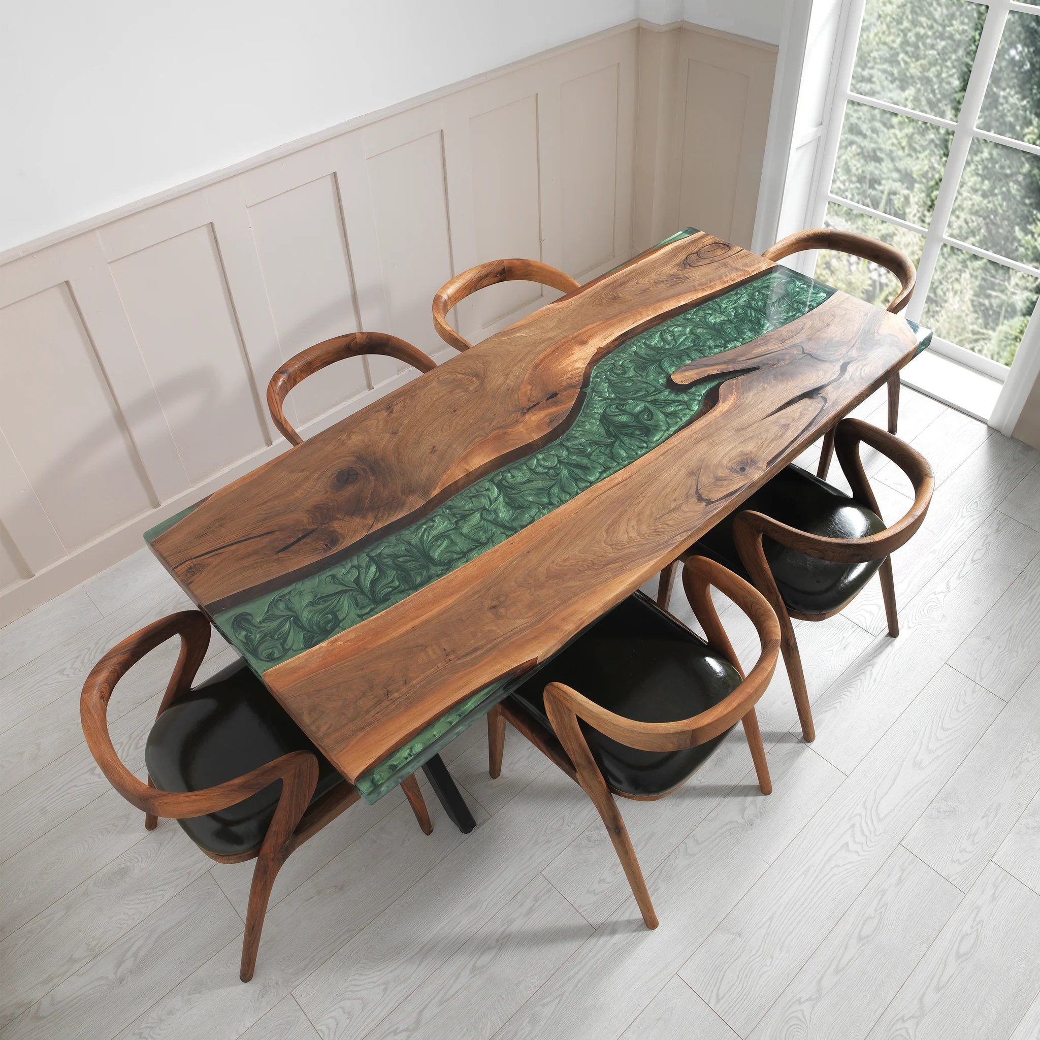 Table rivière personnalisée en résine époxy et noyer noir, vert émeraude VQJ-637