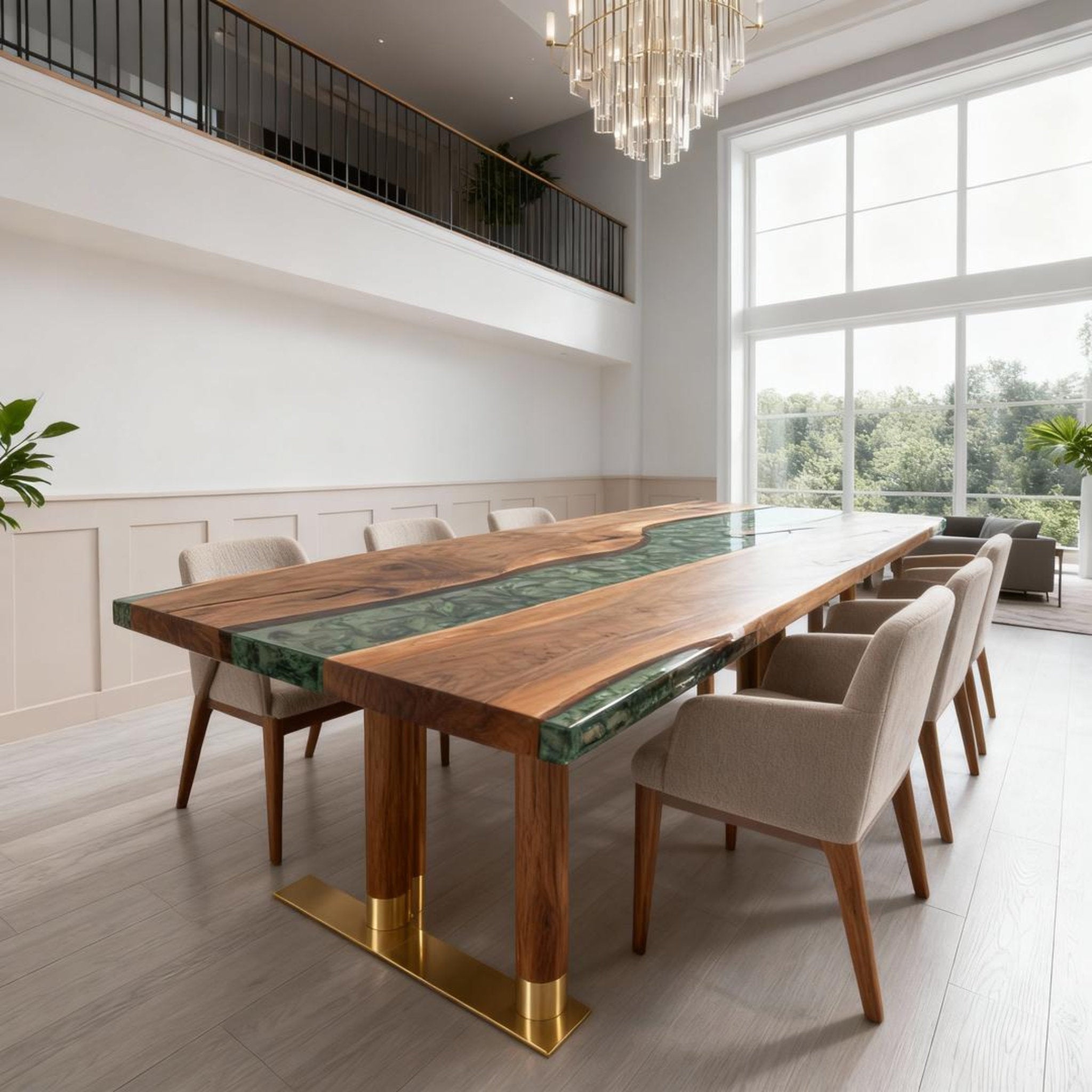 Table rivière personnalisée en résine époxy et noyer noir, vert émeraude VQJ-637