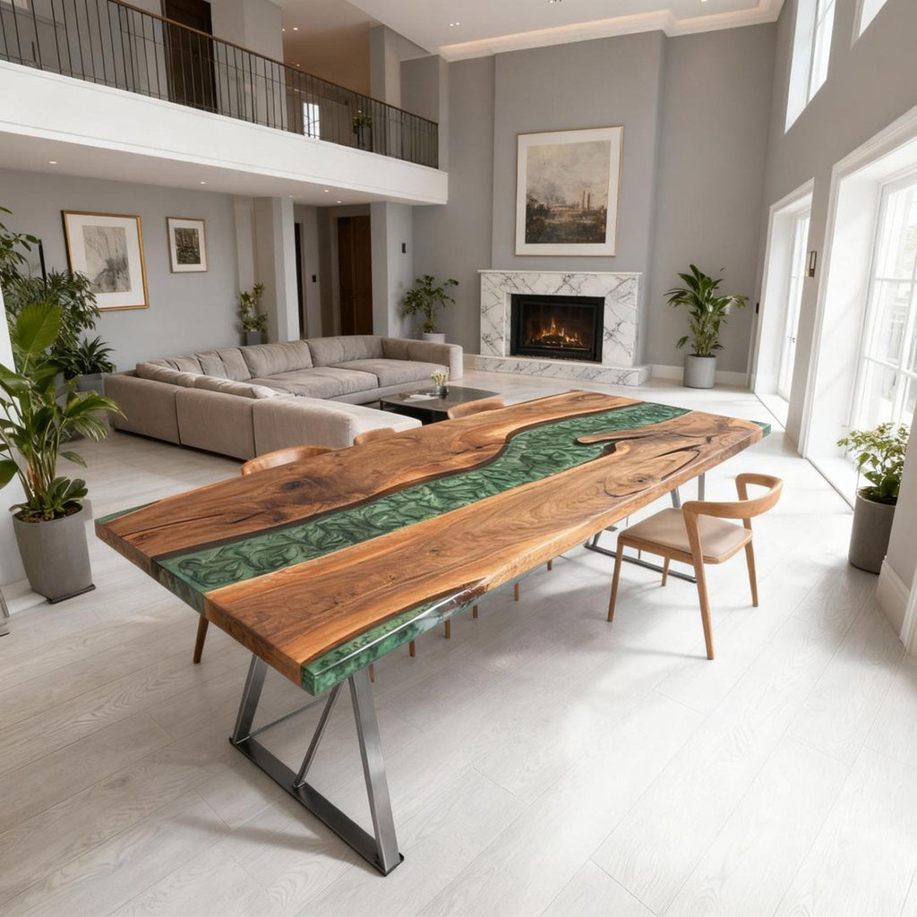 Table rivière personnalisée en résine époxy et noyer noir, vert émeraude VQJ-637