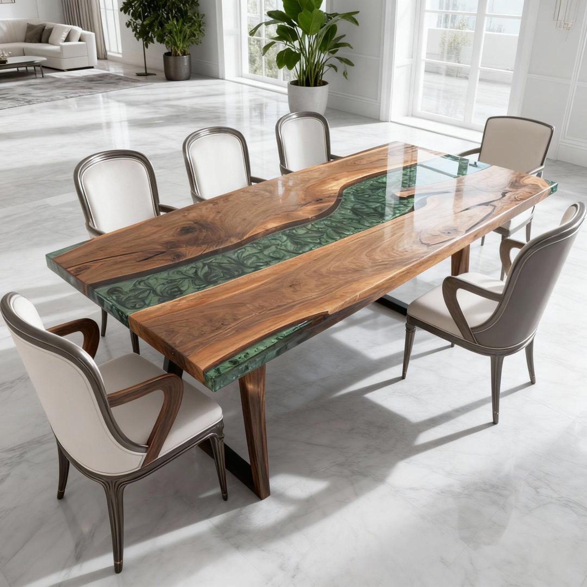 Table rivière personnalisée en résine époxy et noyer noir, vert émeraude VQJ-637