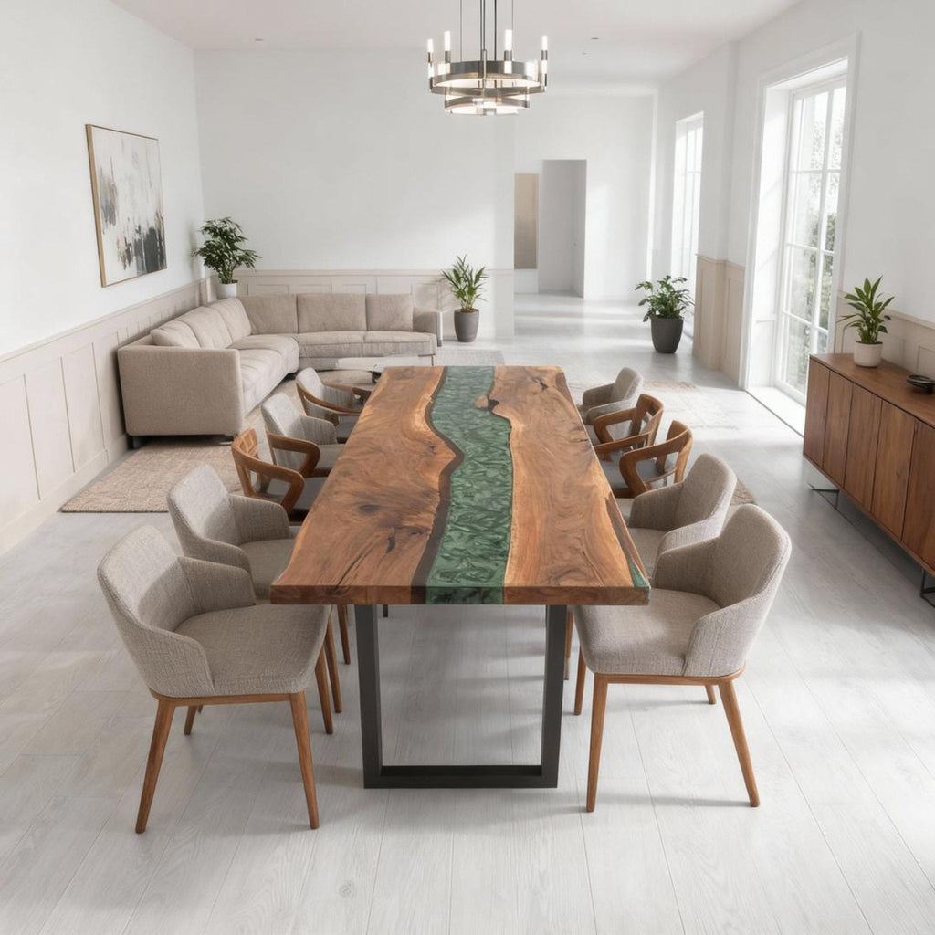 Table rivière personnalisée en résine époxy et noyer noir, vert émeraude VQJ-637