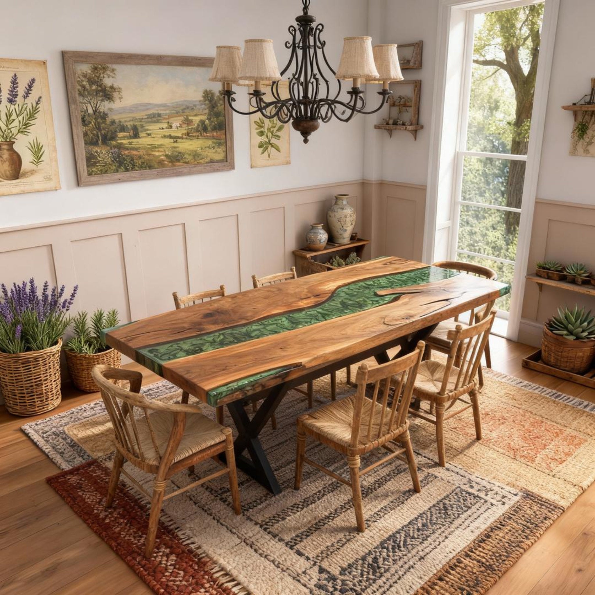 Table rivière personnalisée en résine époxy et noyer noir, vert émeraude VQJ-637