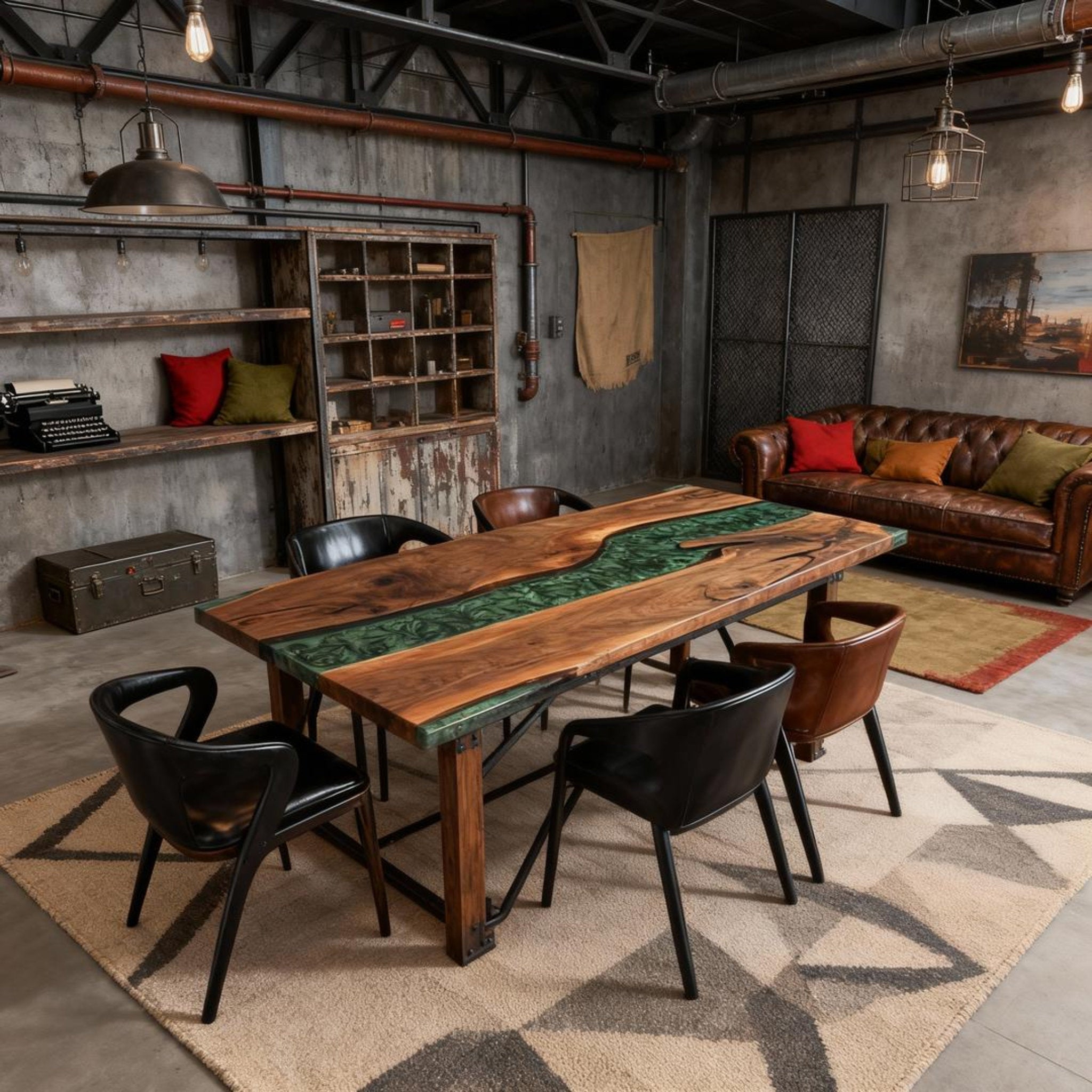 Table rivière personnalisée en résine époxy et noyer noir, vert émeraude VQJ-637