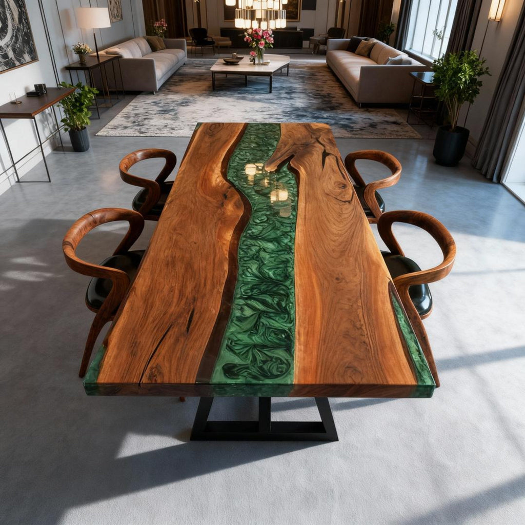 Table rivière personnalisée en résine époxy et noyer noir, vert émeraude VQJ-637