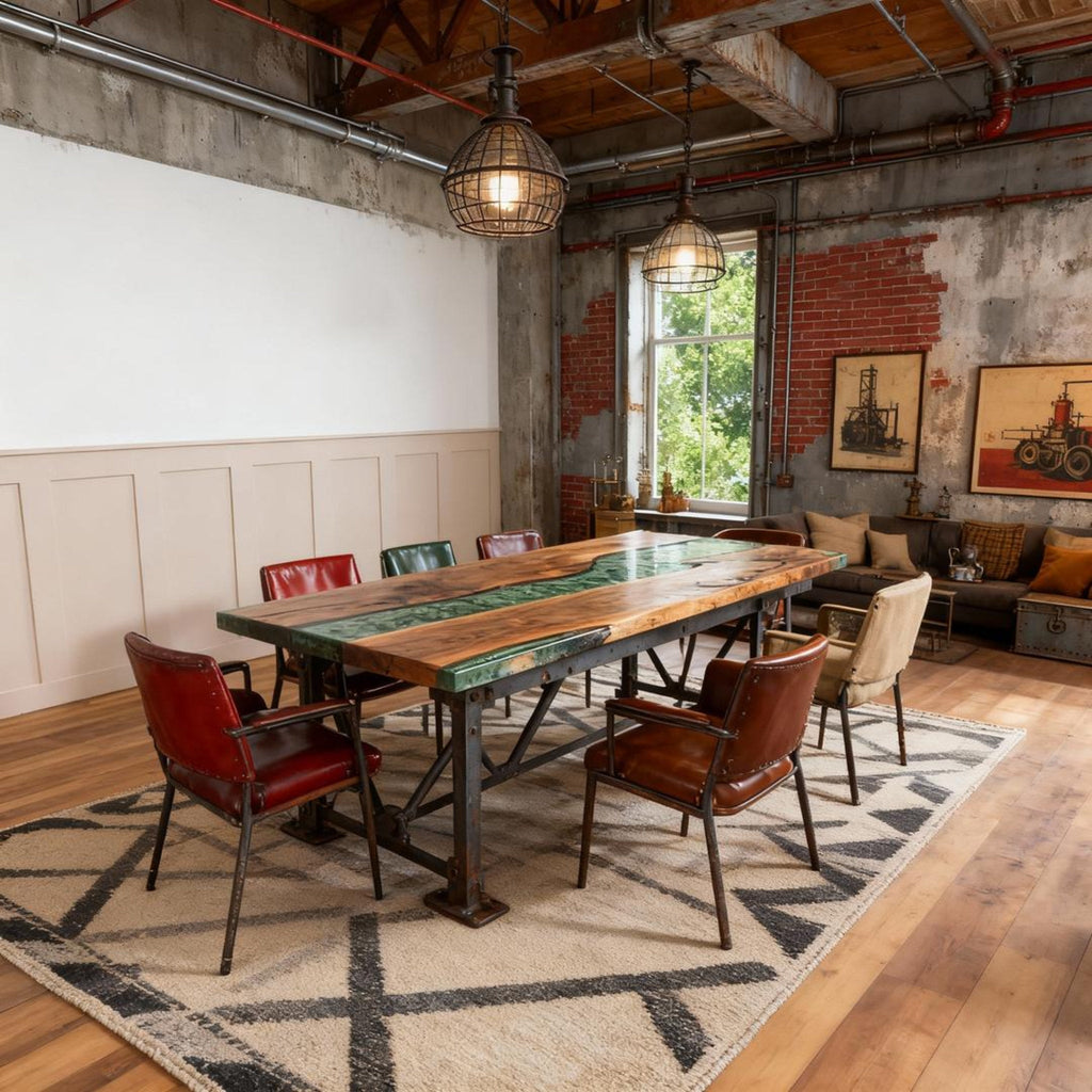 Table rivière personnalisée en résine époxy et noyer noir, vert émeraude VQJ-637