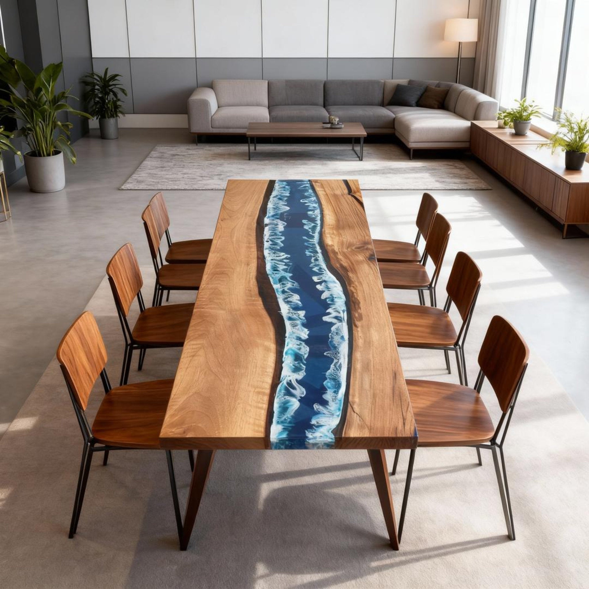 Table rivière personnalisée en résine époxy noyer noir, résine bleu nuit VHQ-582