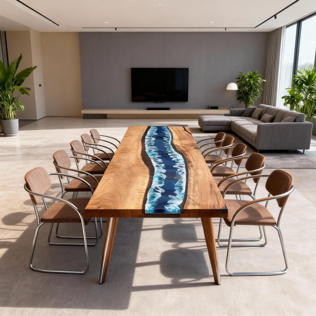 Table rivière personnalisée en résine époxy noyer noir, résine bleu nuit VHQ-582