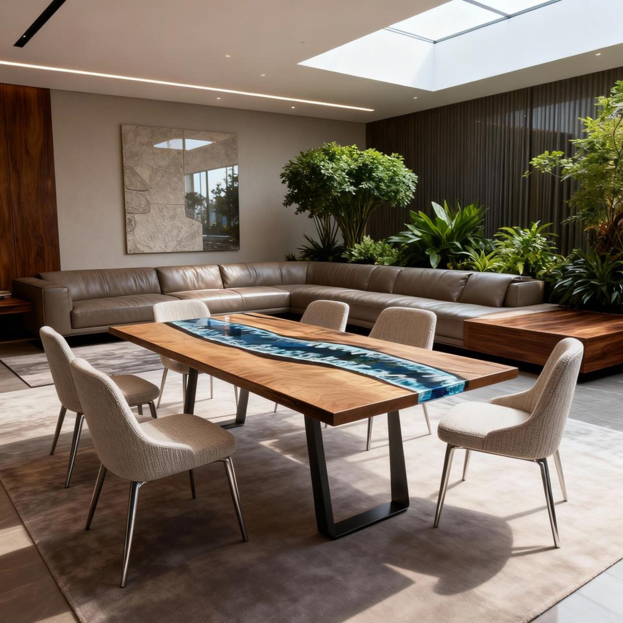 Table rivière personnalisée en résine époxy noyer noir, résine bleu nuit VHQ-582