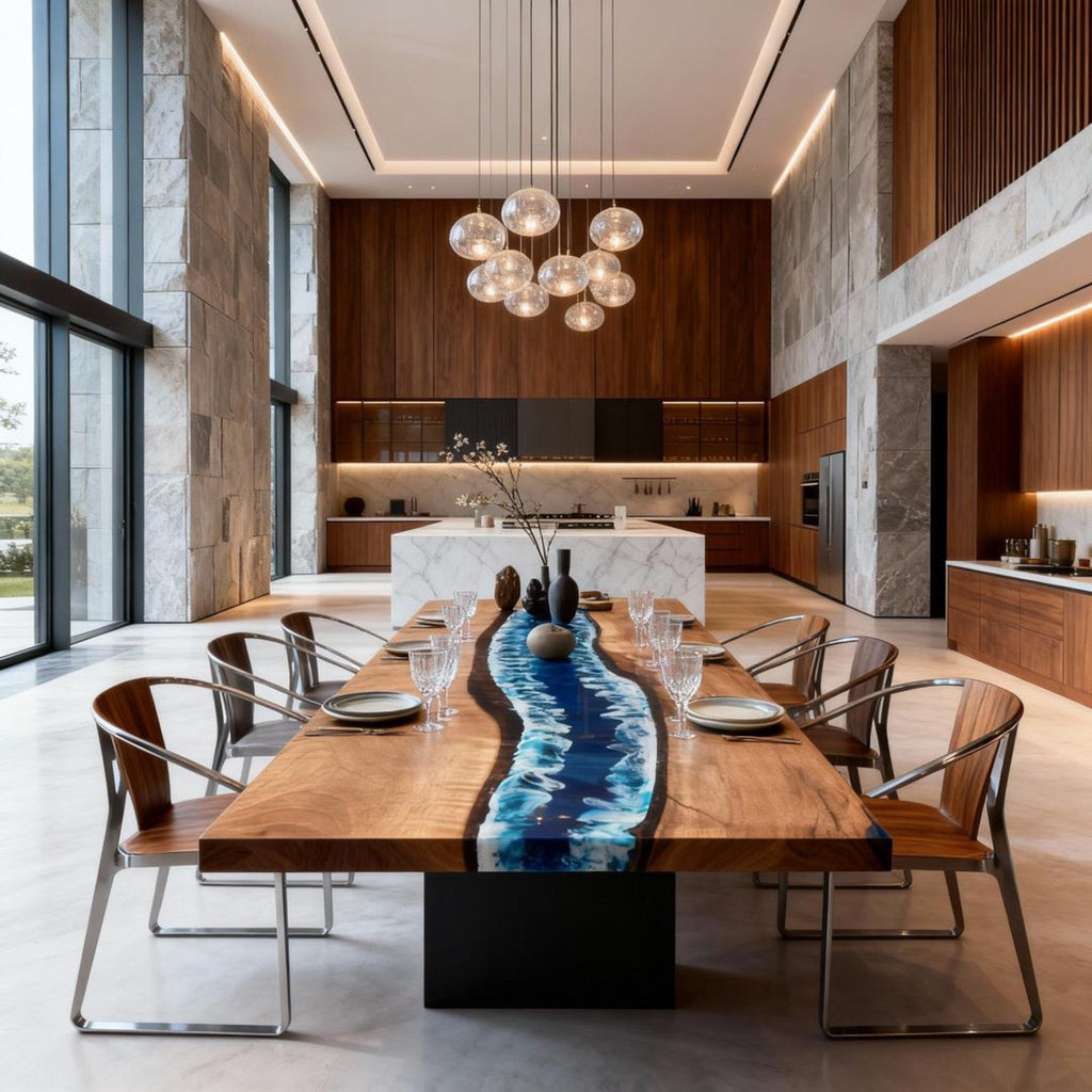 Table rivière personnalisée en résine époxy noyer noir, résine bleu nuit VHQ-582