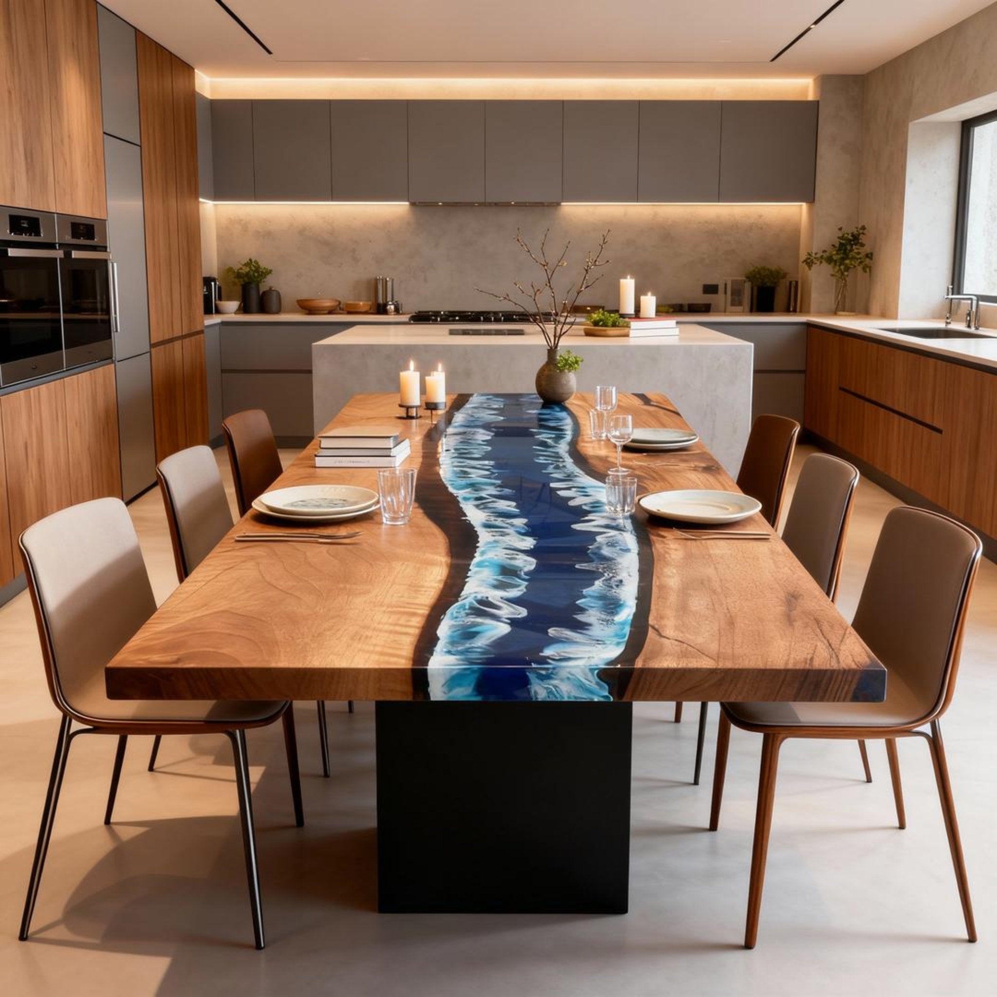 Table rivière personnalisée en résine époxy noyer noir, résine bleu nuit VHQ-582