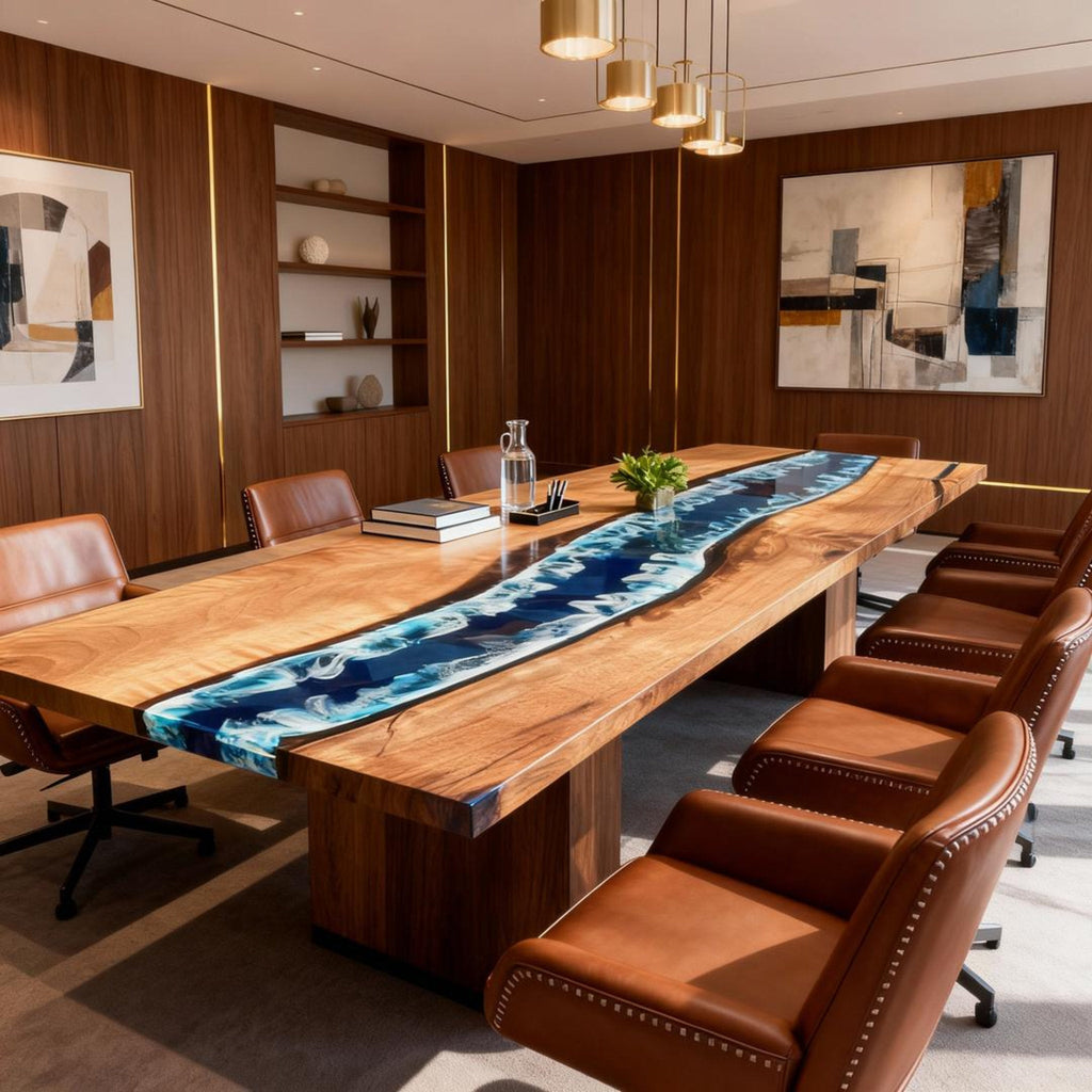 Table rivière personnalisée en résine époxy noyer noir, résine bleu nuit VHQ-582