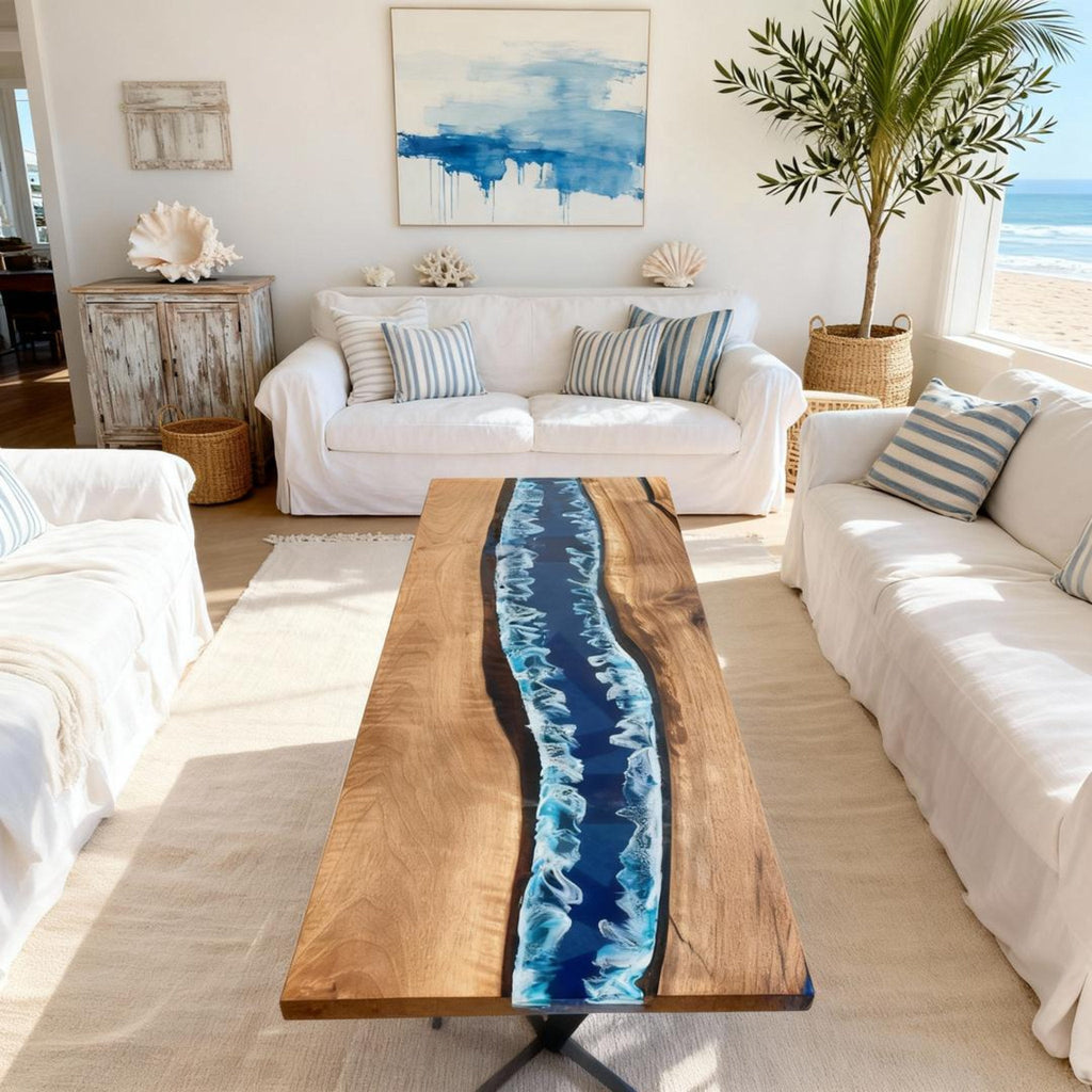 Table rivière personnalisée en résine époxy noyer noir, résine bleu nuit VHQ-582