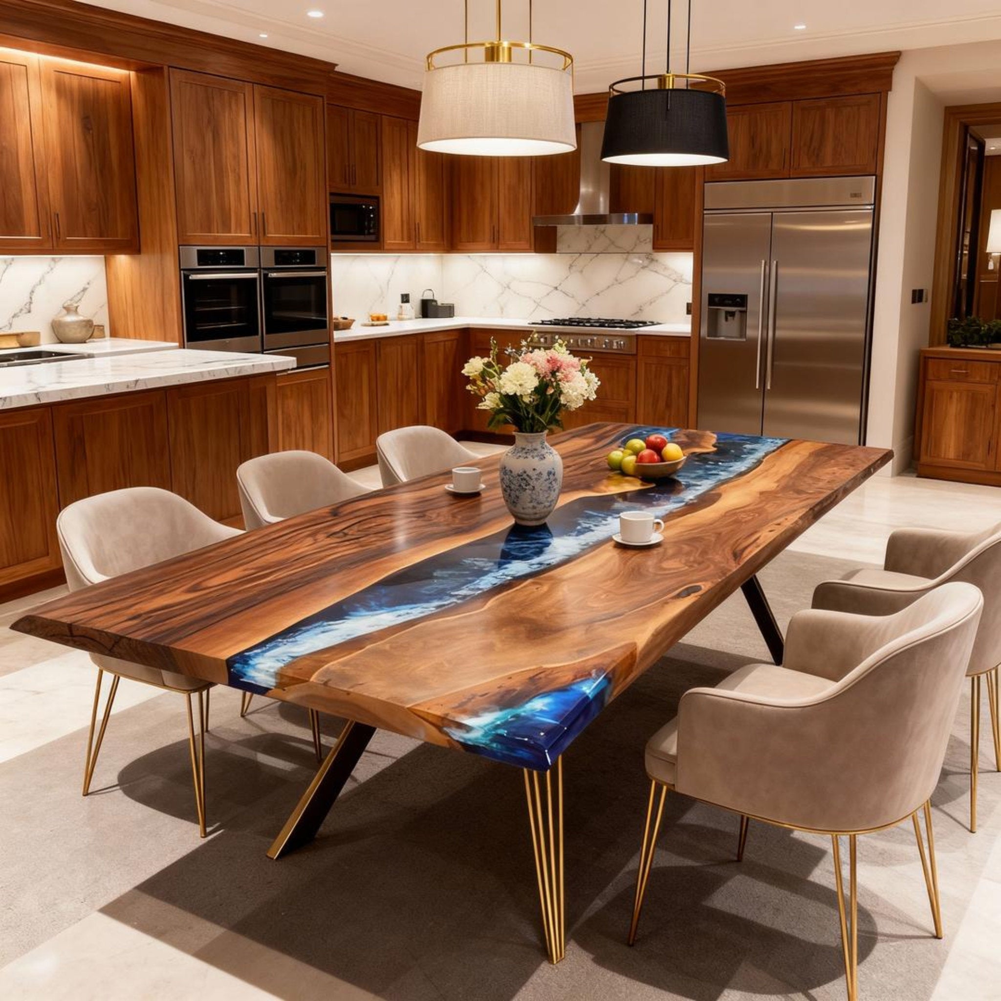 Table rivière personnalisée en résine époxy et noyer noir, bleu nuit ZQH-582