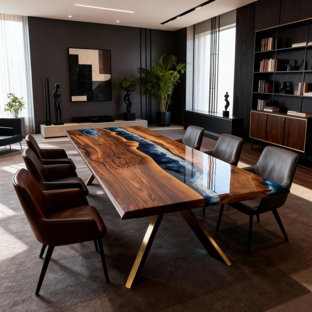 Table rivière personnalisée en résine époxy et noyer noir, bleu nuit ZQH-582