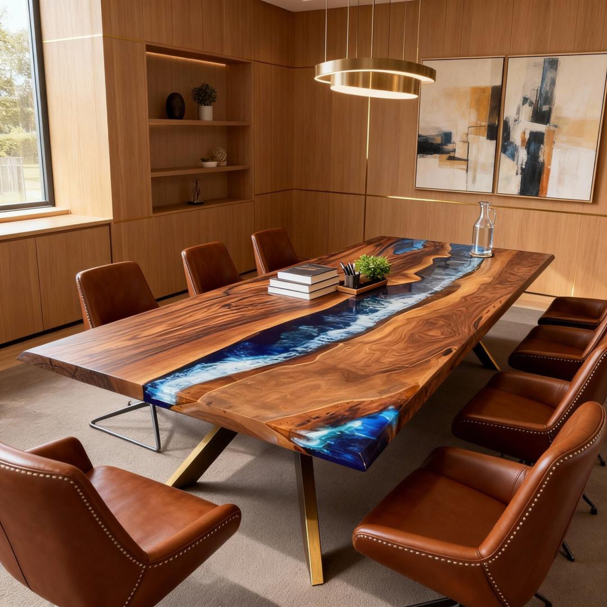 Table rivière personnalisée en résine époxy et noyer noir, bleu nuit ZQH-582