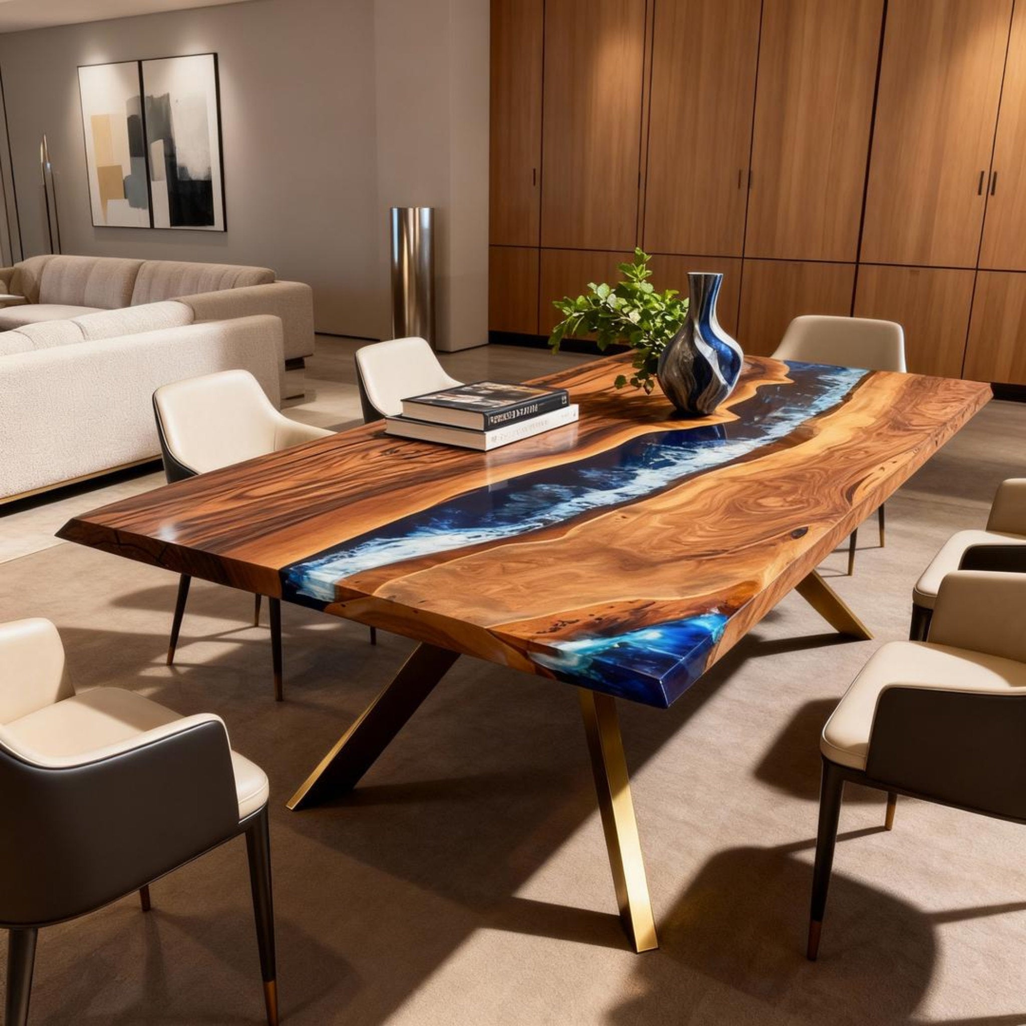 Table rivière personnalisée en résine époxy et noyer noir, bleu nuit ZQH-582