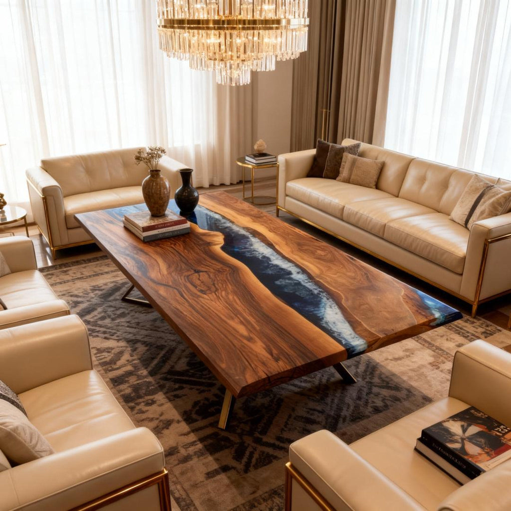 Table rivière personnalisée en résine époxy et noyer noir, bleu nuit ZQH-582