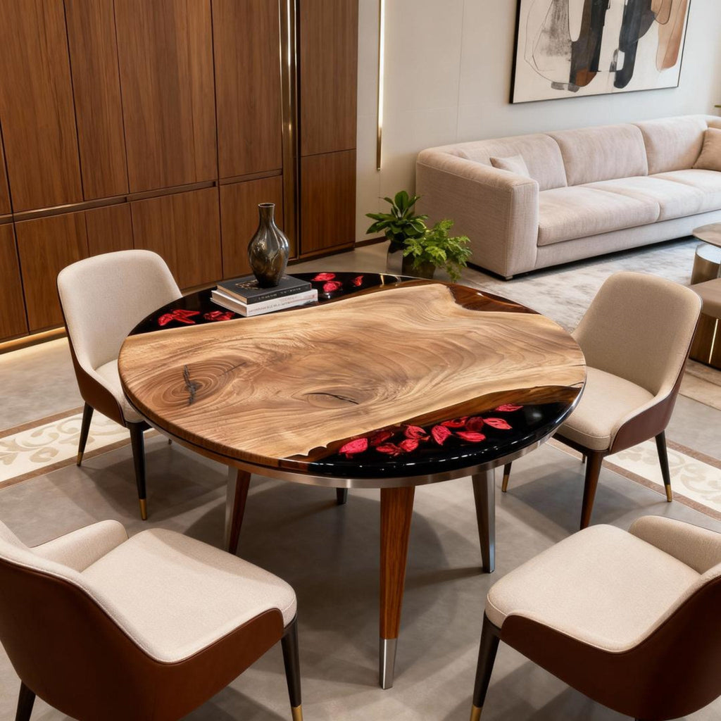 Table rivière personnalisée en résine époxy et noyer noir, noir obsidien JQP-783