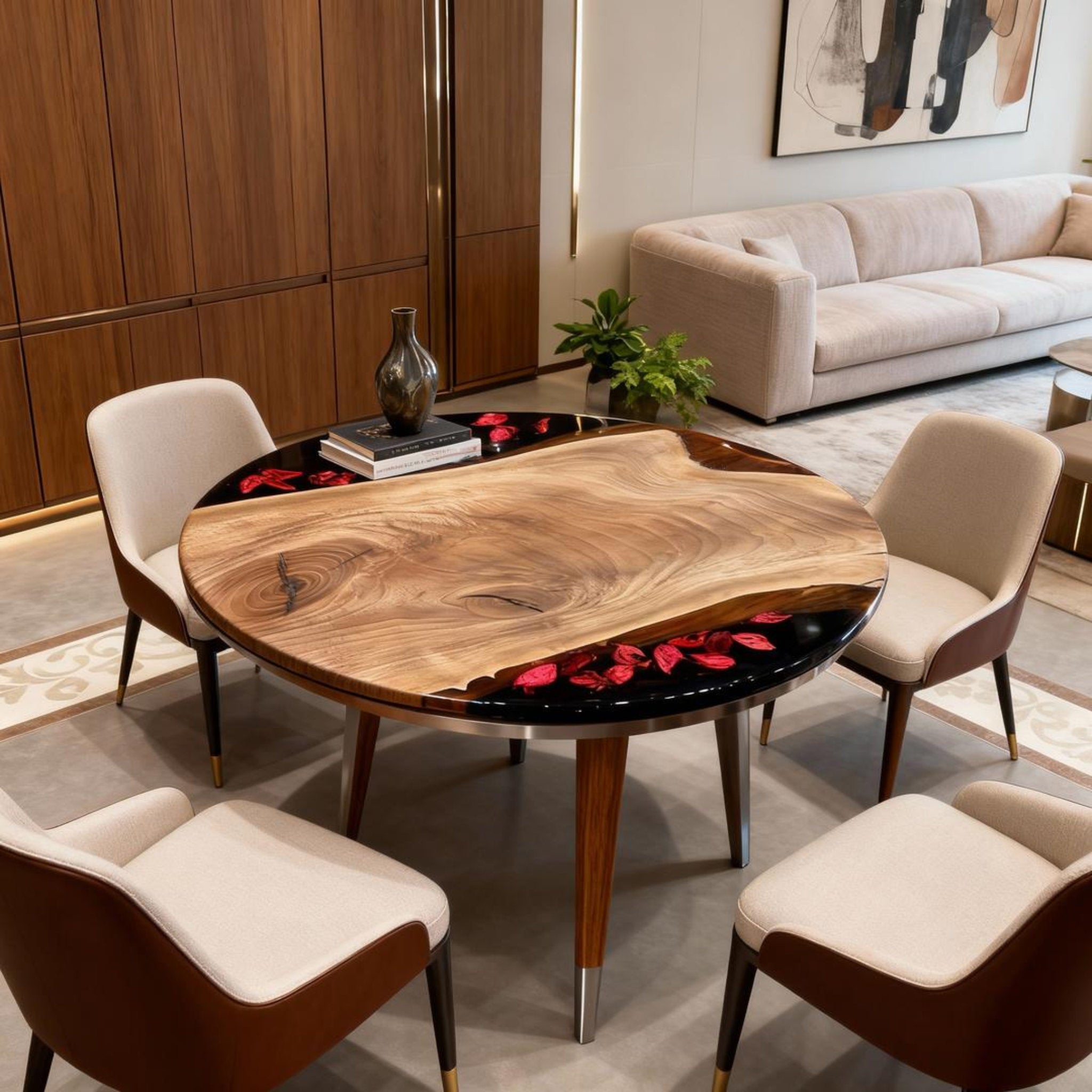 Table rivière personnalisée en résine époxy et noyer noir, noir obsidien JQP-783