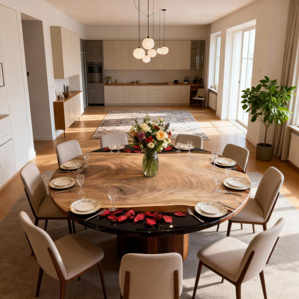 Table rivière personnalisée en résine époxy et noyer noir, noir obsidien JQP-783