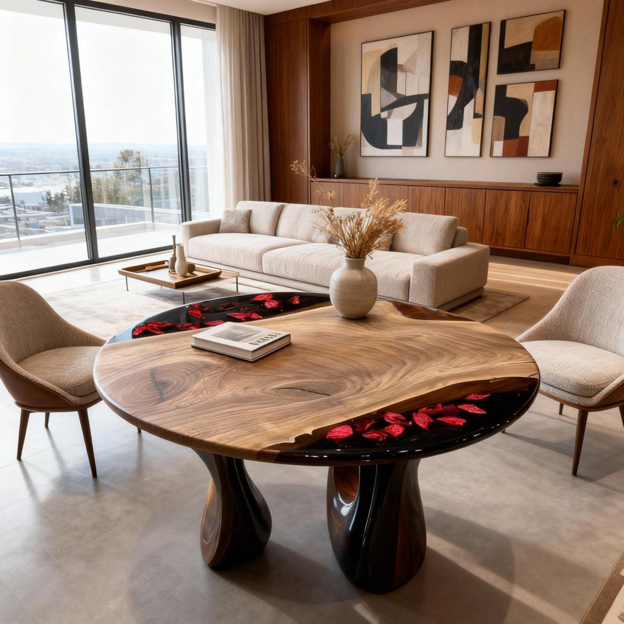 Table rivière personnalisée en résine époxy et noyer noir, noir obsidien JQP-783