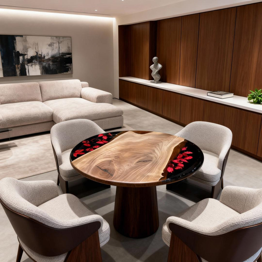 Table rivière personnalisée en résine époxy et noyer noir, noir obsidien JQP-783