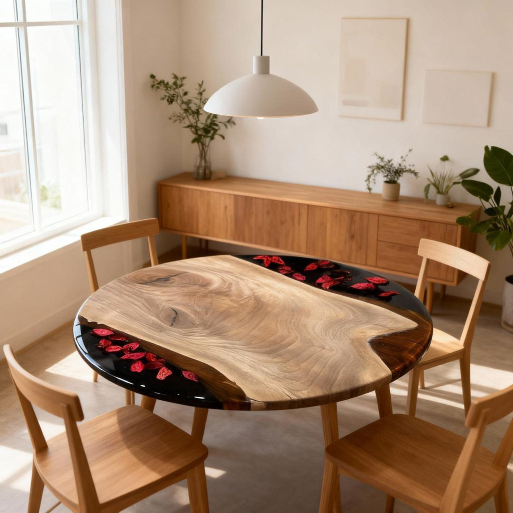 Table rivière personnalisée en résine époxy et noyer noir, noir obsidien JQP-783