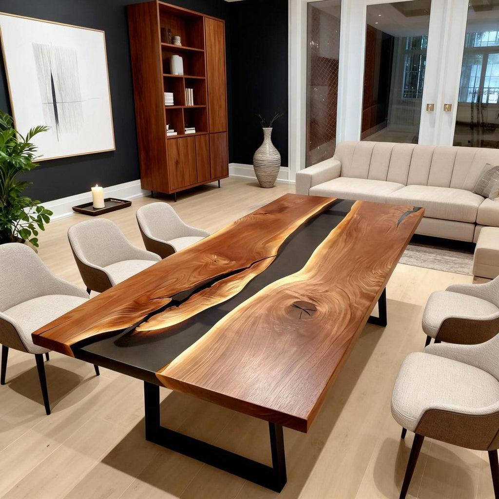 Table rivière sur mesure en résine époxy et noyer noir, noir obsidien KJM-862