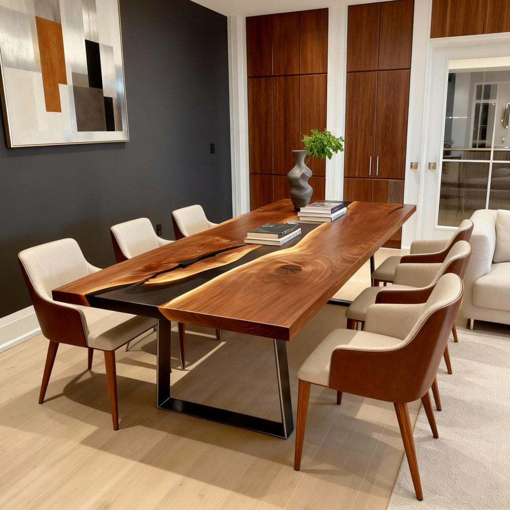 Table rivière sur mesure en résine époxy et noyer noir, noir obsidien KJM-862