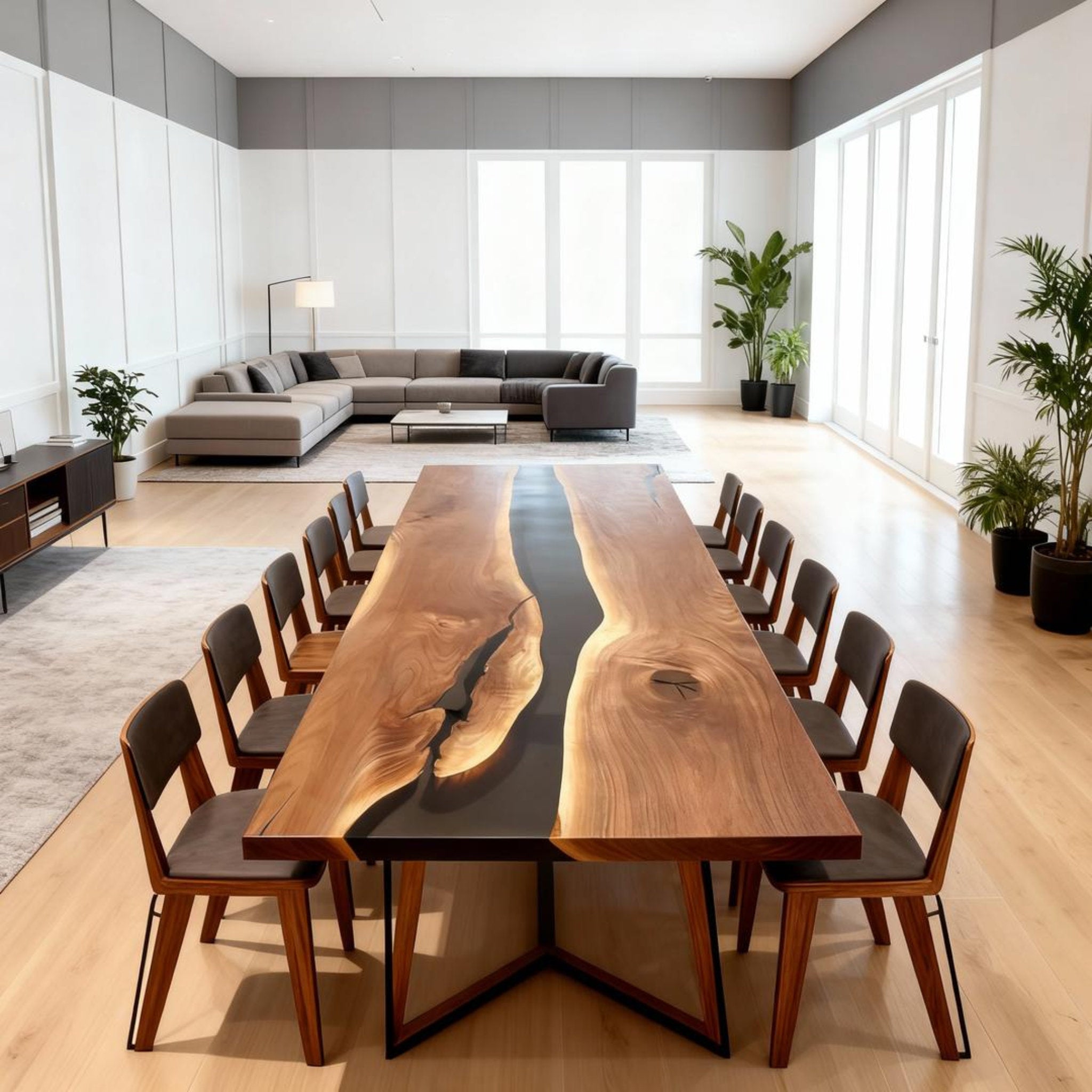 Table rivière sur mesure en résine époxy et noyer noir, noir obsidien KJM-862