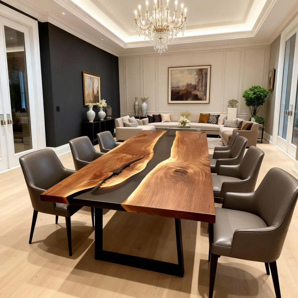 Table rivière sur mesure en résine époxy et noyer noir, noir obsidien KJM-862