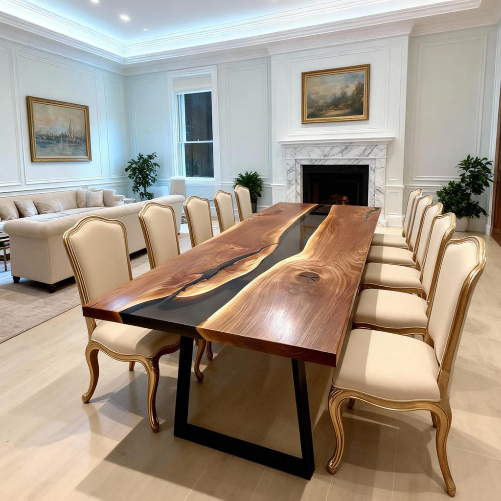 Table rivière sur mesure en résine époxy et noyer noir, noir obsidien KJM-862