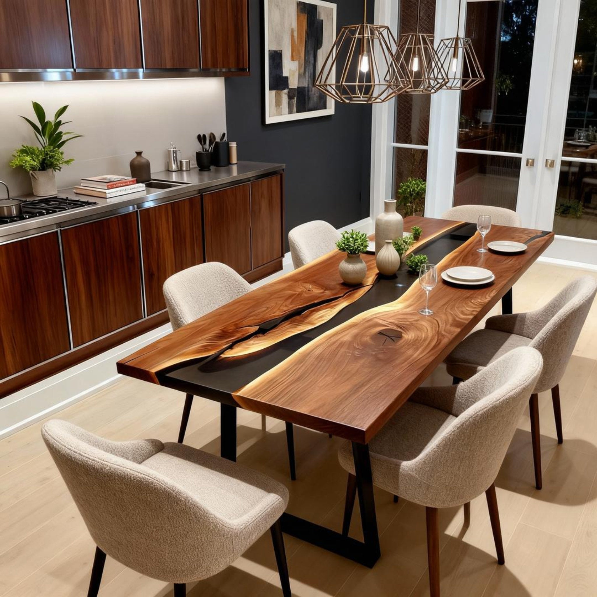 Table rivière sur mesure en résine époxy et noyer noir, noir obsidien KJM-862