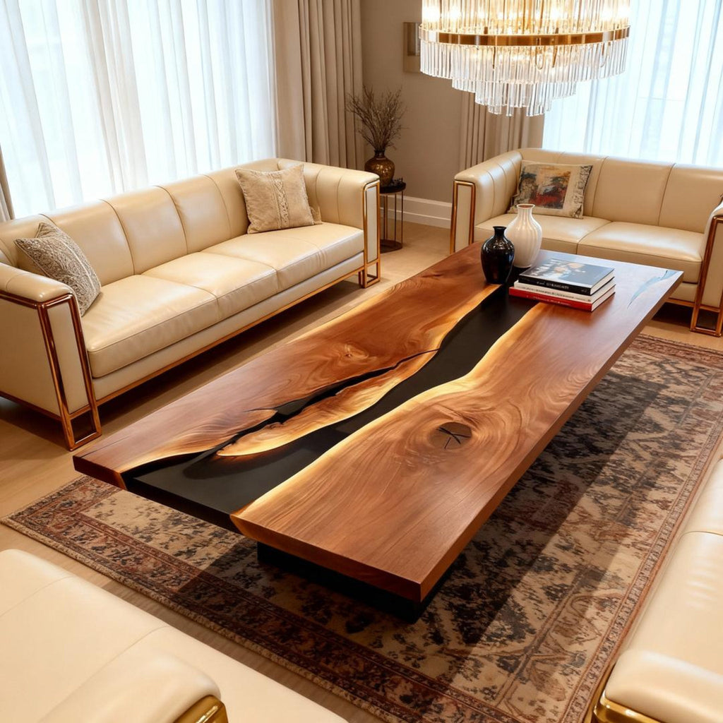 Table rivière sur mesure en résine époxy et noyer noir, noir obsidien KJM-862