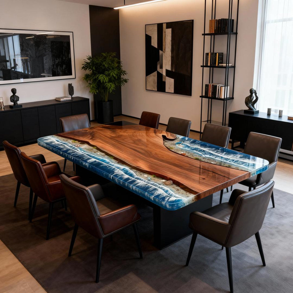 Table rivière personnalisée en résine époxy et noyer noir, dégradé bleu océan VJQ-582